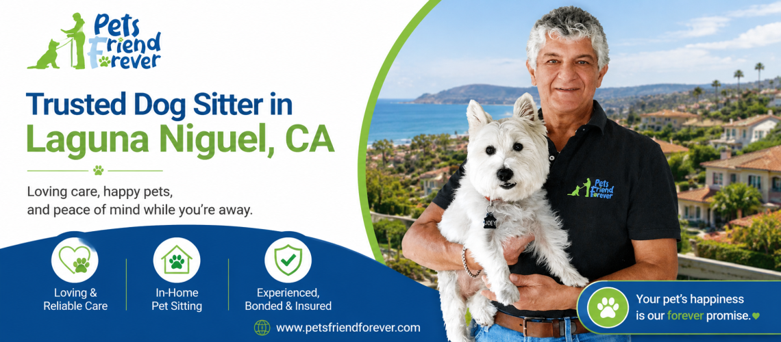 Pets Friend Forever promotional banner featuring a professional dog sitter holding a white dog in Laguna Niguel, California with blue and green branding and coastal background.